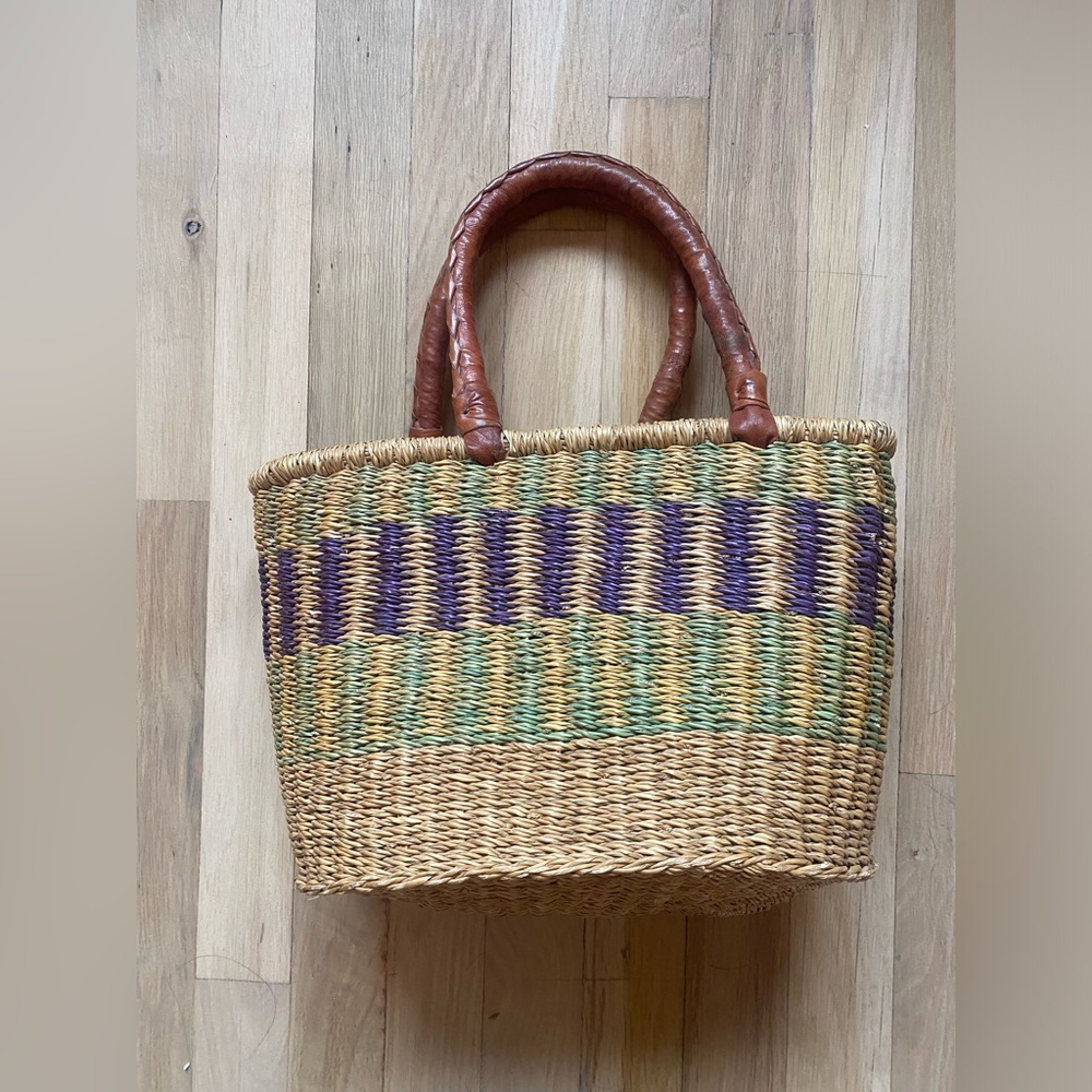 Handmade Woven Bag with Leather Handle - Purple & Green Detail
